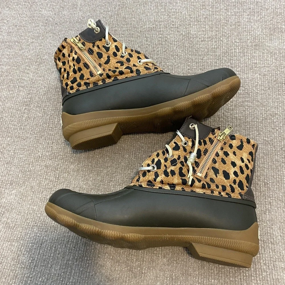 Sperry Duck Boots Womens Size‎ 8 Brown Leopard Waterproof Ankle Zip STS86757